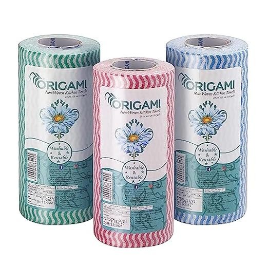 Origami Non Woven Reusable Kitchen Towel Roll - Pack of 3 (80 Pulls Per Roll, 240 Sheets)