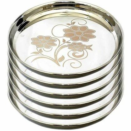 LEROYAL Classy Silver Stainless Steel Designer Thali Dinner Plate (Pack of 6)