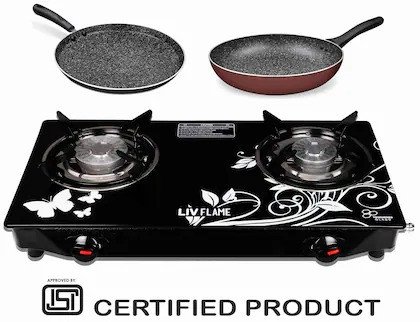 LivFlame Dosa tawa & Fry pan Combo Delux Glass Manual Gas Stove (2 Burners)